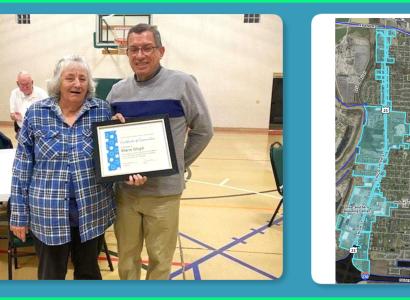 Man and woman posing with award, map of south side