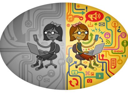 Cartoon of girl black/white on one side and on color on a computer surrounded by technical symbols
