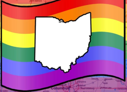 Outline of Ohio against rainbow flag