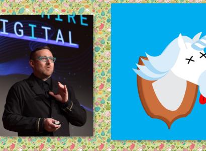 Man gesturing and a unicorn