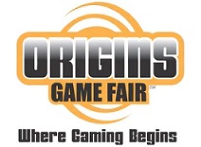 Words Origins Game Fair in a logo with orange circles around it and at bottom words Where Gaming Begins