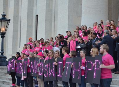 People rallying at the stateouse wearing pink shirts