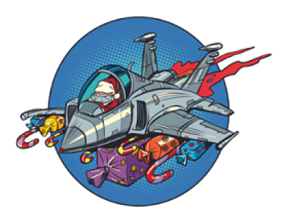 Cartoon of B1 bomber like a Santa Sleigh