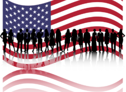 US flag with people standing in front