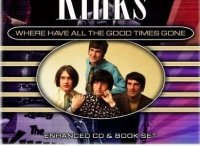 An album cover with words white on black at top The Kinks and Where Have all the good Times gone and then an oval below with yellow background with four young men with brown hair 