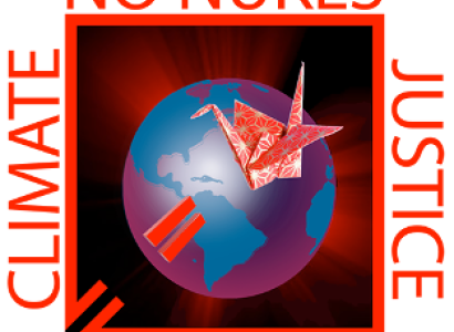 World logo saying No Nukes, Justice, Peace ad Climate