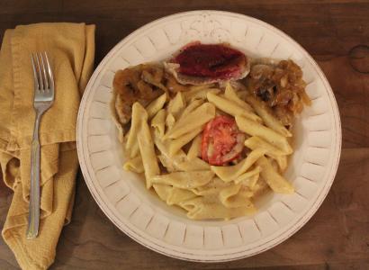 Plate of pierogis, mac and cheeze