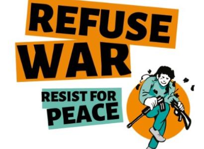 Refuse War, resist for peace and man breaking a gun in half