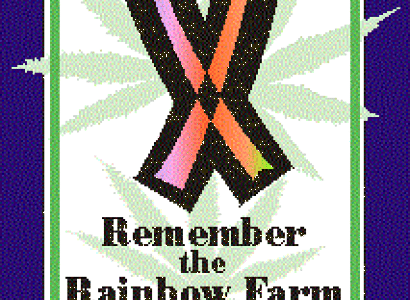Drawing of a ribbon that is purple and orange and words Remember Rainbow Farm