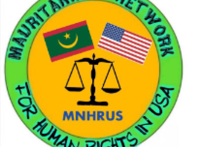 Circle logo yellow in middle green around edge words Mauritanian Network for human rights in USA and in themiddle a Mauritanian flag and US flag and scale 