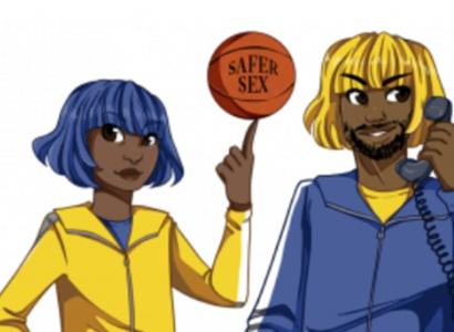 Basketball on a person's finger with the words Safer Sex on it