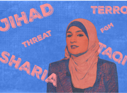 Red and blue picture of woman wearing head scarf against background with words terror, attack, etc.
