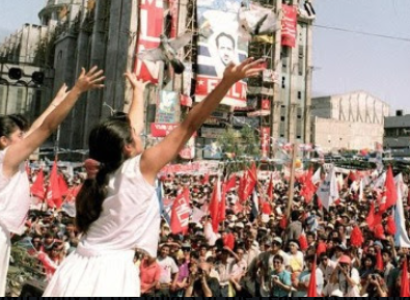 People celebrating in town square