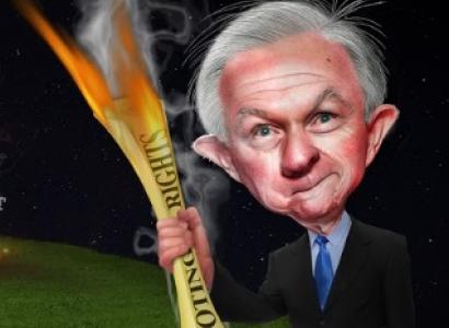 Cartoon of weird looking gray haired man with big ears in a suit holding a fiery torch made of a rolled up paper that says Voting Rights on it