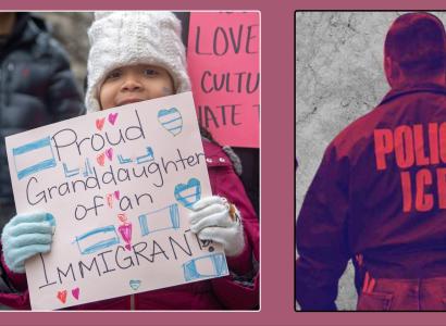 Girl holding pro-immigrant sign and ICE
