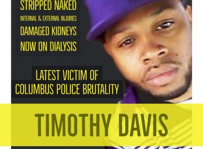 Black man's face with a goatee and purple baseball cap looking sad and words Timothy Davis, stripped naked latest victim of Columbus police brutality