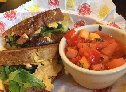 Vegan grilled cheeze sandwhich with avocadoes and mango pineapple gazpacho soup!