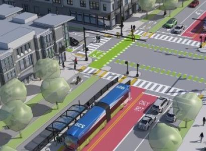 Drawn city street with bus