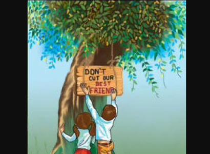 Kids putting a sign on a tree