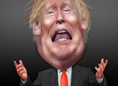 Cartoon of man in suit with tiny hands in the air and a big huge head with lots of wild yellow hair, his mouth open and looking upset