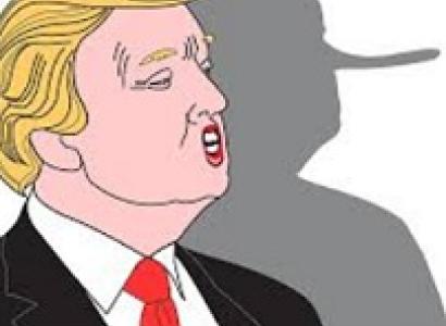 Cartoon of white older man with yellow hair with his shadow showing a long long nose