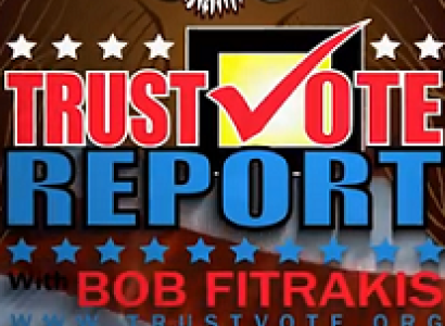 Words TrustVote report with checkmark and words Bob Fitrakis with eagle in the background