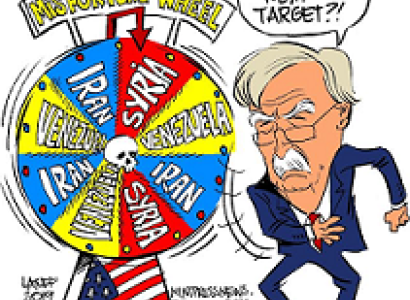 John Bolton comic character, an older man in a suit with white hair, bushy white eyebrows, white mustache and wire rimmed glasses spinning a wheel of misfortune wheel with names of countries like Iran, Syria, Venezuela on it and his bubble words say Who's my next target?