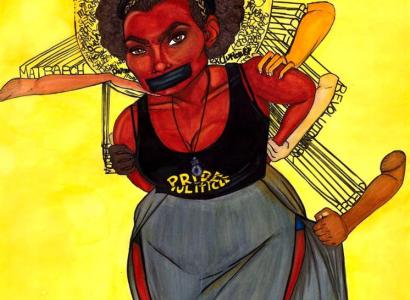 Drawing of black woman with black tape over her mouth with white hands and arms grabbing her from behind