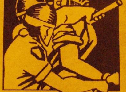 The Statue of Liberty being strangled from behind by a cop in a riot helmet with a baton