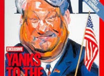 Time magazine cover with heavy white haired man holding American flag and words Yanks to the rescue