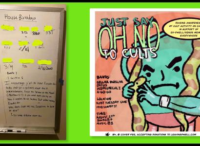 Two images one of a list of birthdays and one saying Say Oh No to Cults