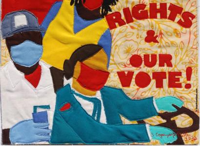 Colorful artwork of people all wearing masks and words Our Rights and Our Vote!