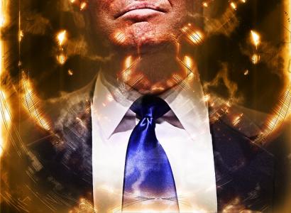 Donald Trump in suit with swirly gold around his head