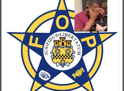 FOP logo and Shannon Hardin after being maced