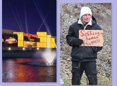 Casino and man panhandling outside