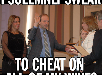 Guy with hand on Bible saying I solemnly swear to cheat on all my wives