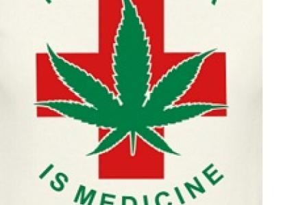 Red cross with a green marijuana leaf in front and the words Marijuana is Medicine