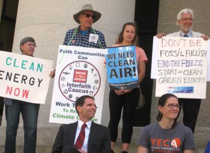 Before an  April 20 Climate Lobby Day organized by Ohio Interfaith Power and Light, faith communities gathered for a rally on the Statehouse steps to call for an end to the freeze on Ohio's green energy standards. 