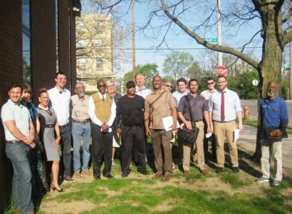 Newly-elected members of the Franklin County Democratic Party Central Committee assembled outside Ohio Democratic Headquarters on April 20.