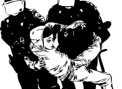 Drawing of two police arresting a guy and carrying him 