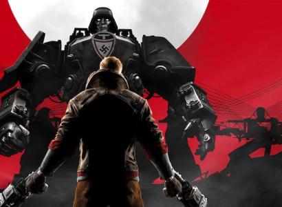 A red and white background with a superhero character all in black with his back to us and his collar up in the back holding what looks like guns in each hand and facing a transformers looking monster man