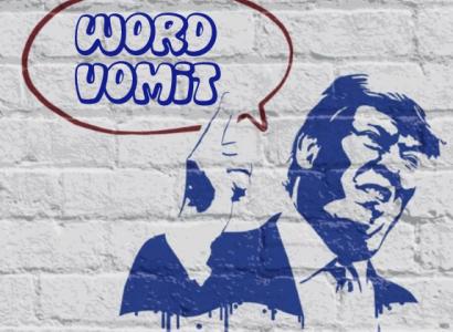 Drawing of Trump on brick wall with word balloon saying "Word Vomit"