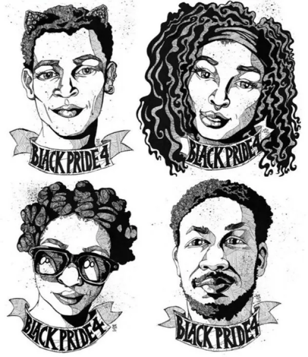 Sketch of four young black people, two women, two men, with words BlackPride4