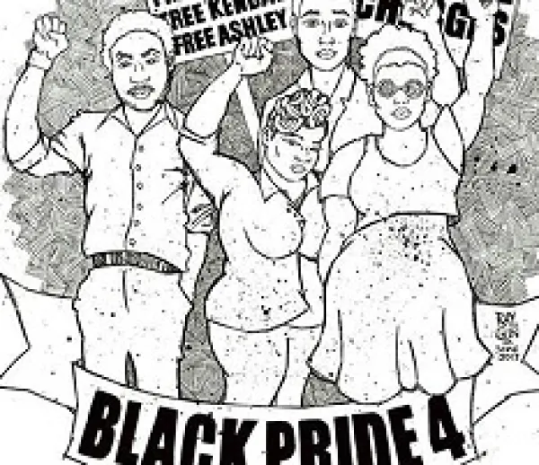 Drawing of four young black people with fists in air and words Black Pride 4
