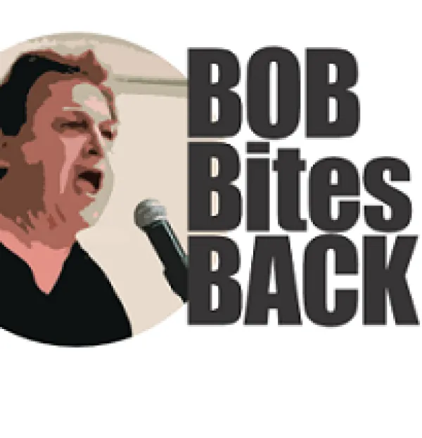 Words Bob Bites Back and a white man head and shoulders with black hair and black shirt shouting into a mic