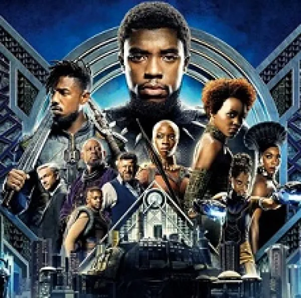 Lots of black people's faces and bodies posing like a movie poster wearing superhero type clothes against a blue background that looks high tech