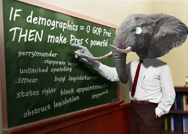 Man in a suit with a huge elephant head pointing at a green blackboard that has words about voter suppression