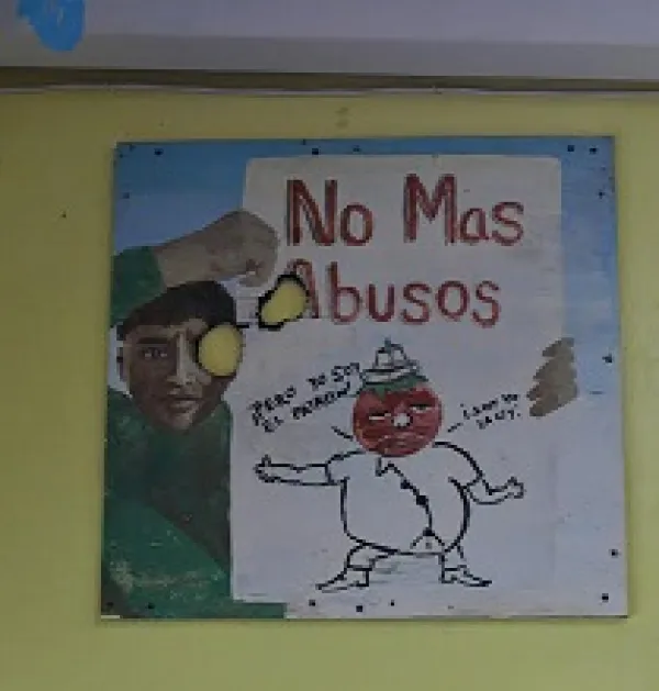 A poster of a drawing of a man and the words No Mas Abusos