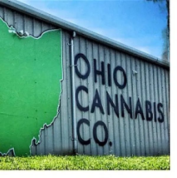 Green state of Ohio shape on a sign and words Ohio Cannabis Co.