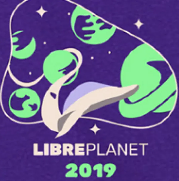 Purple background and drawings of lots of stars and planets and the words Libreplanet 2019